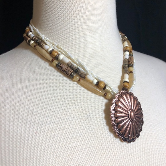 Copper concho Layered Bead Necklace Earrings Set - Picture 3 of 3